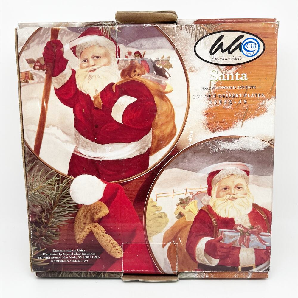 Vintage American Atelier Set of 4 Christmas Santa Porcelain Dessert Plates NEW